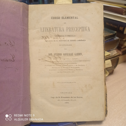 Portada del libro de LITERATURA PERCEPTIVA (RETORICA Y POETICA) - ANTONIO GONZALEZ GARBIN - GRANADA 1872