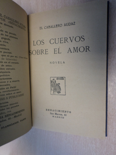 Portada del libro de LOS CUERVOS SOBRE EL AMOR- EL CABALLERO AUDAZ-RENACIMIENTO 1925