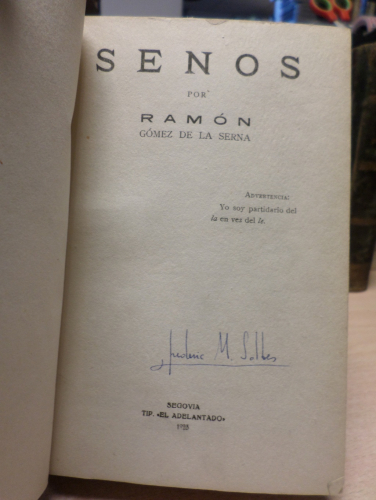 Portada del libro de SENOS - RAMÓN GOMEZ DE LA SERNA -TIP. EL ADELANTADO SEGOVIA 1923 PRIMERA EDICIÓN