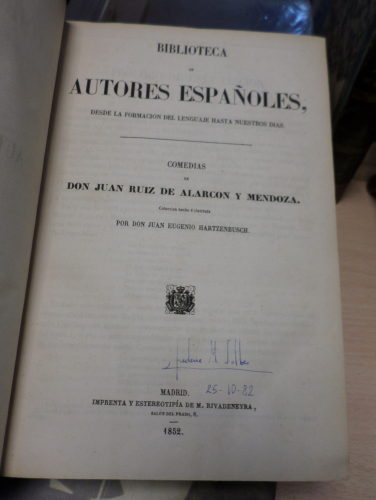 Portada del libro de BIBLIOTECA DE AUTORES ESPAÑOLES COMEDIAS DE DON JUAN RUIZ DE ALARCON Y MENDOZA - RIVADENEYRA 1852