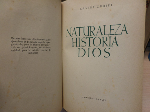 Portada del libro de NATURALEZA HISTORIA DIOS - XAVIER ZUBIRI - 1944